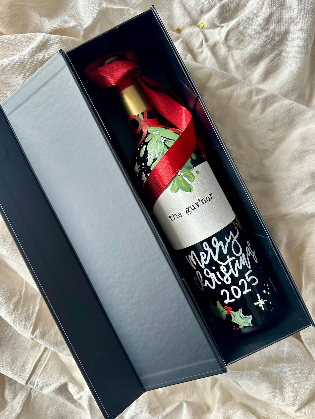 Hand Painted Personalised Christmas Wine Bottle Gift Box