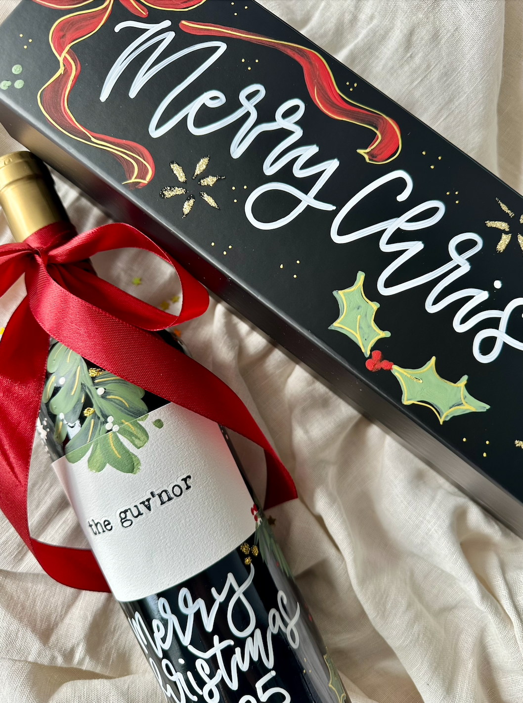Hand Painted Personalised Christmas Wine Bottle Gift Box