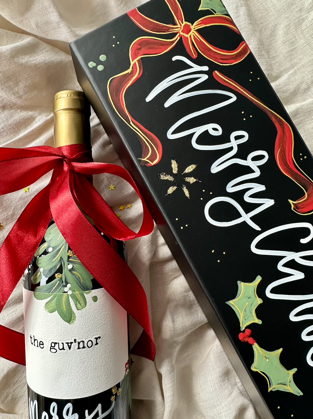 Hand Painted Personalised Christmas Wine Bottle Gift Box