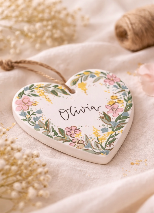 Hand Painted Floral Ceramic Heart Ornament