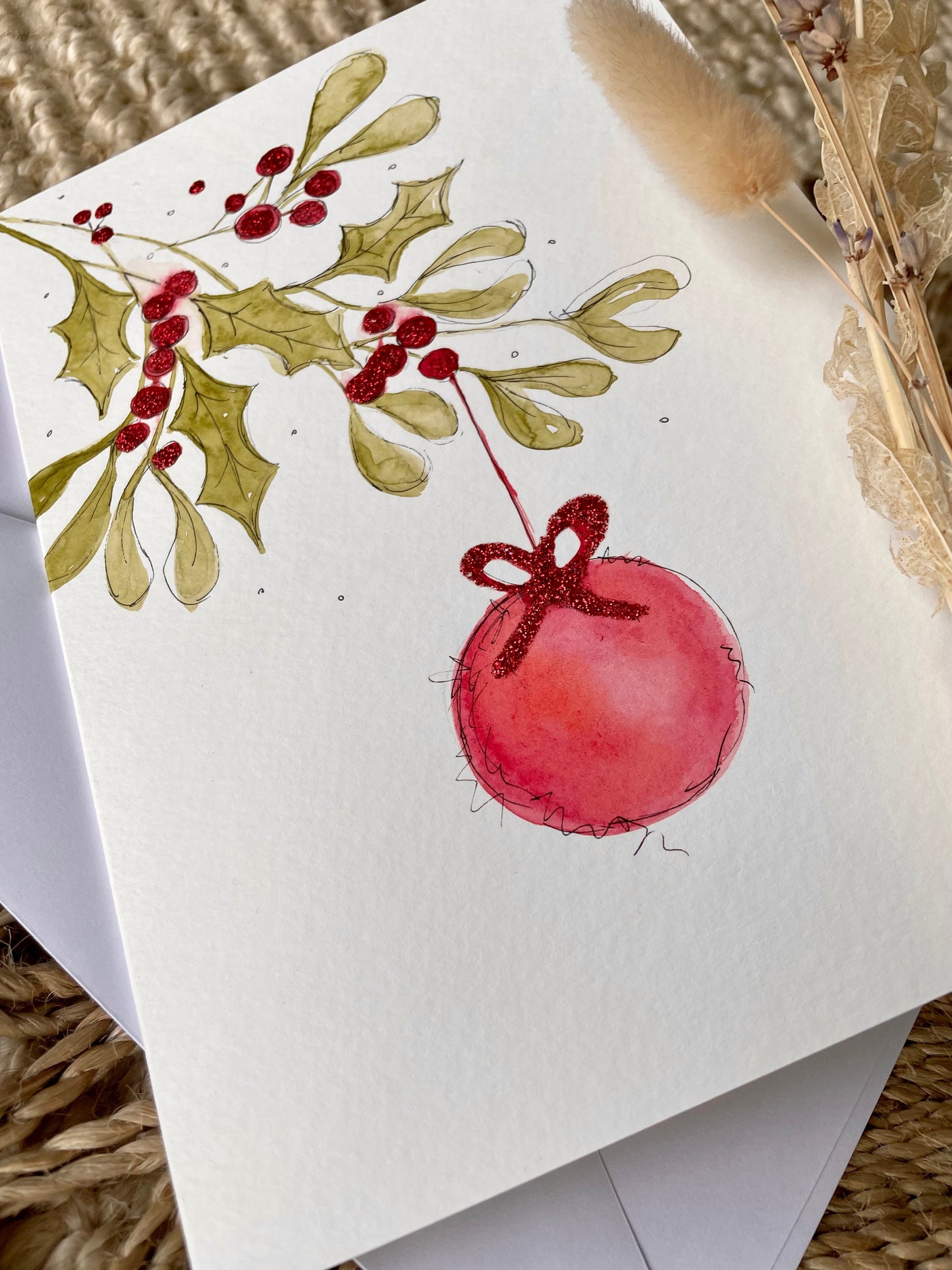 Personalised Foliage Bauble Holly Christmas Card