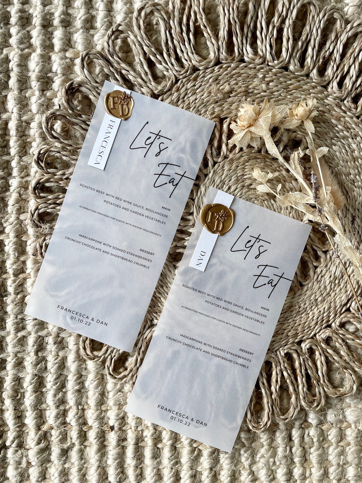 Personalised Gold Wax Seal Translucent Vellum Wedding Menu And Place Name