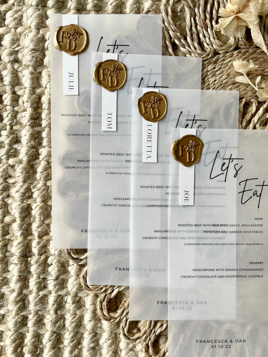 Personalised Gold Wax Seal Translucent Vellum Wedding Menu And Place Name