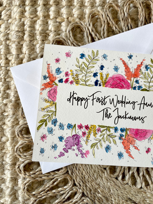 Personalised Colourful Floral Border Anniversary Card