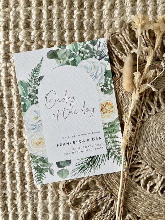 White Floral Botanical Arch Order Of The Day Double Sided Card