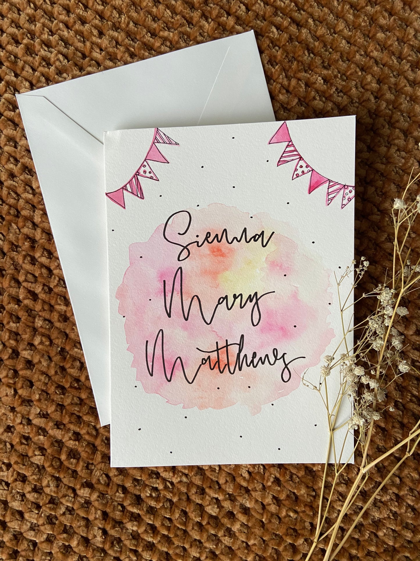 Watercolour Background New Baby Name Card