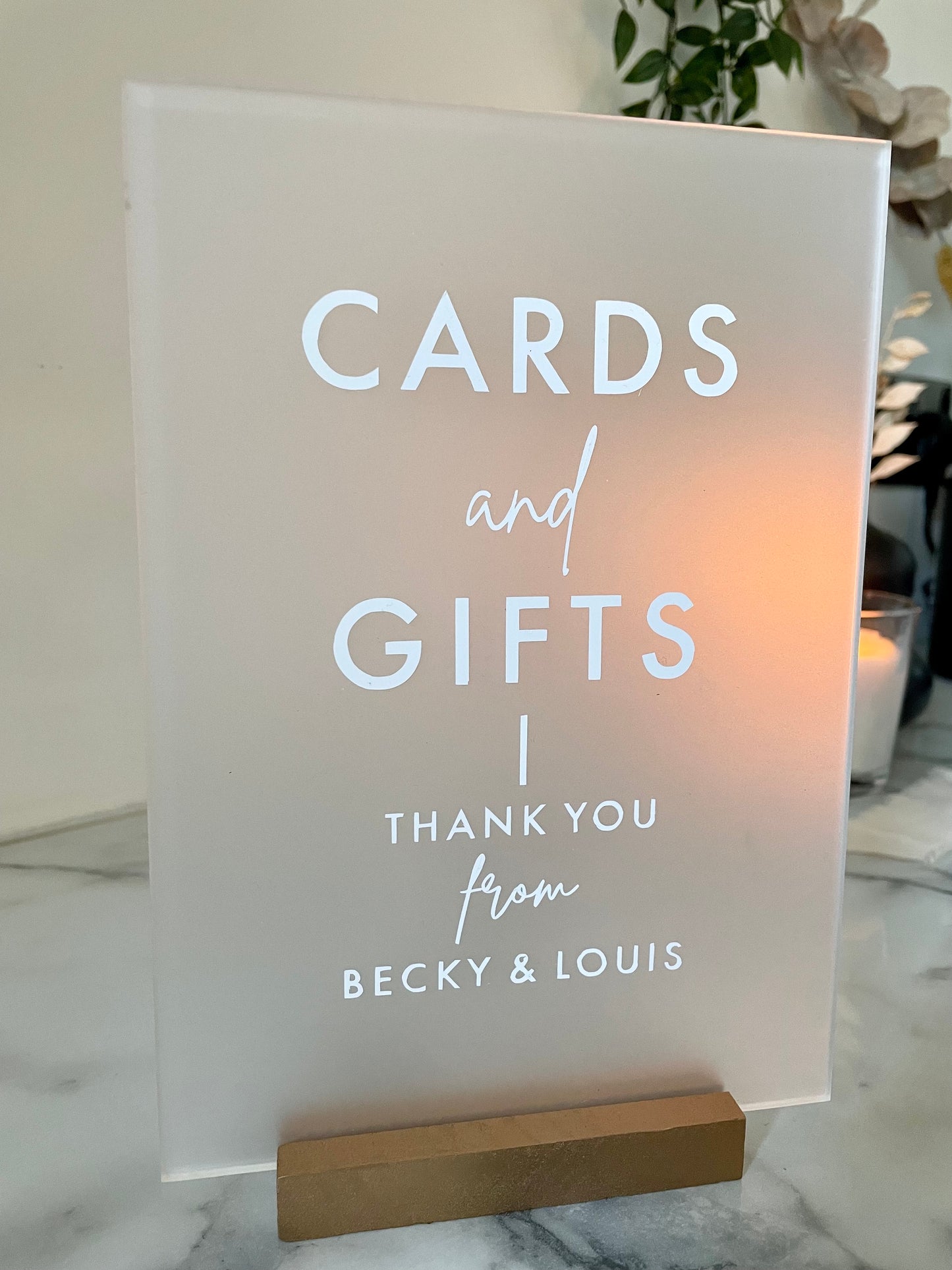 Frosted Acrylic Cards And Gifts Sign With Wooden Block Stand