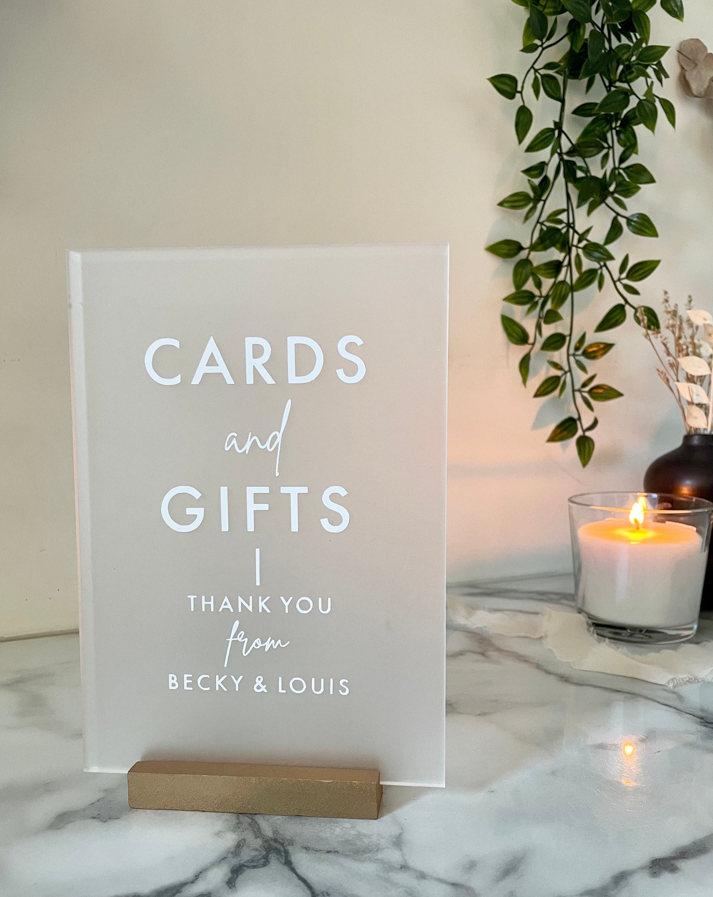 Frosted Acrylic Cards And Gifts Sign With Wooden Block Stand