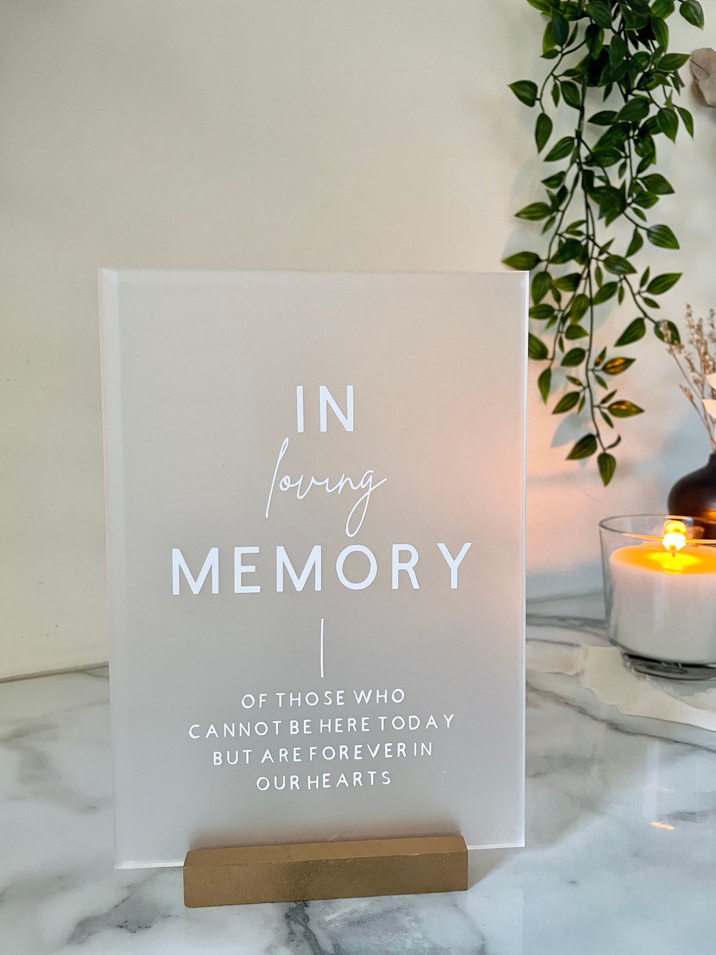 Frosted Acrylic In Memory Of Sign With Wooden Block Stand