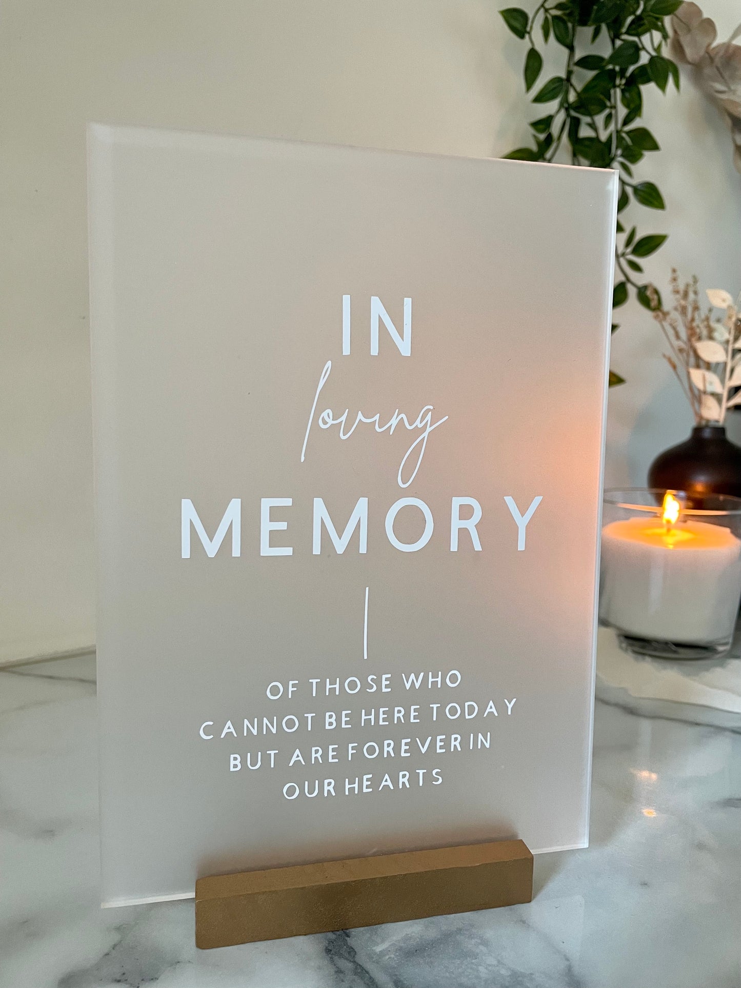 Frosted Acrylic In Memory Of Sign With Wooden Block Stand