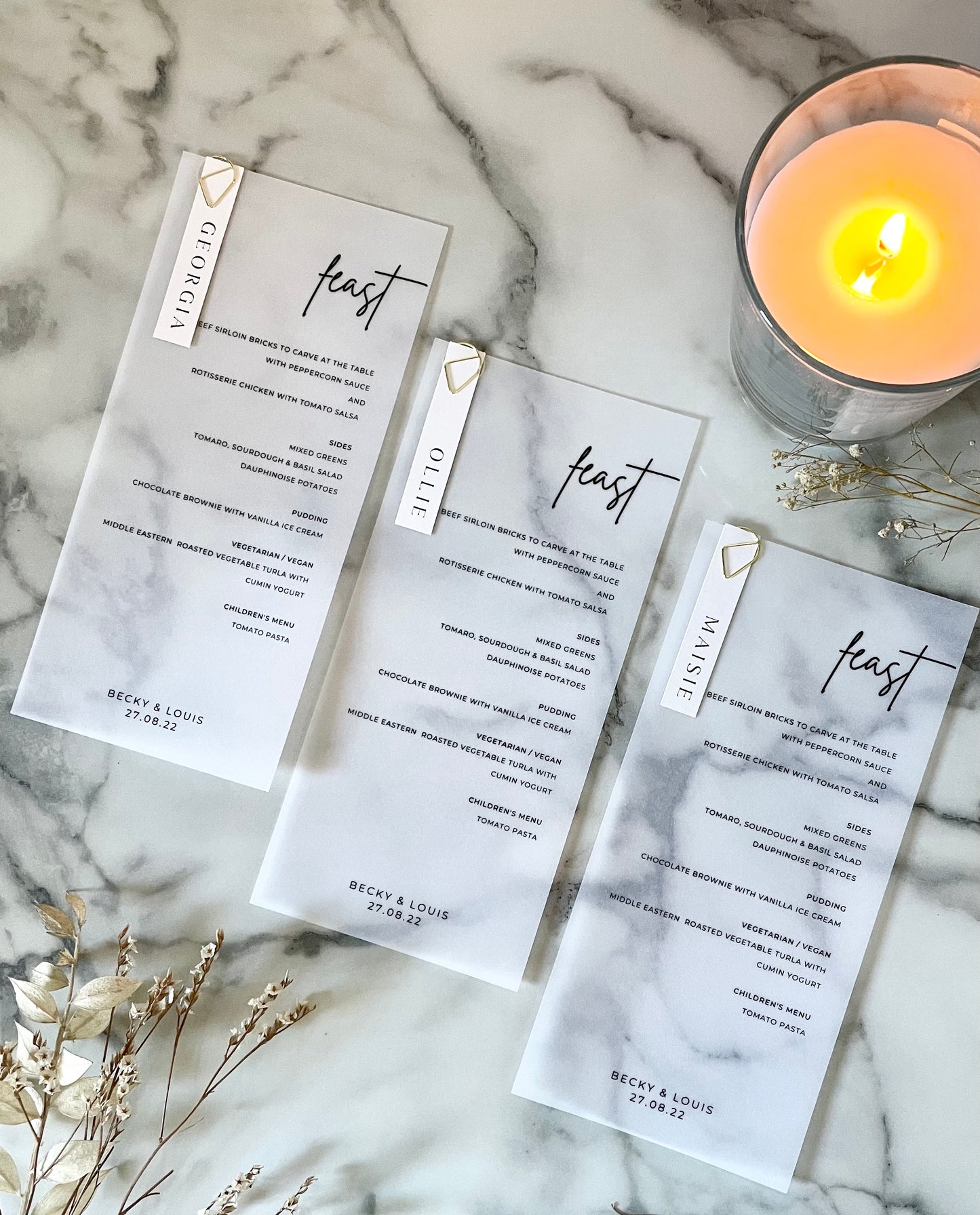 Personalised Gold Paperclip Translucent Vellum Wedding Menu And Place Name