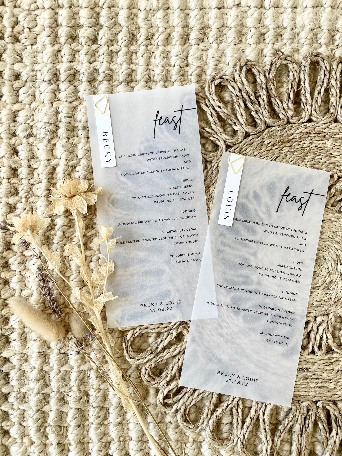 Personalised Gold Paperclip Translucent Vellum Wedding Menu And Place Name