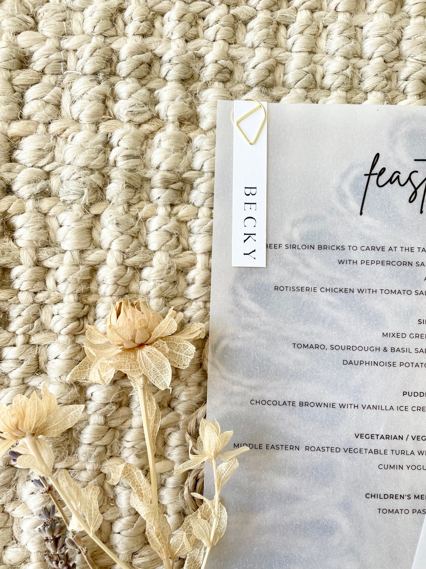 Personalised Gold Paperclip Translucent Vellum Wedding Menu And Place Name