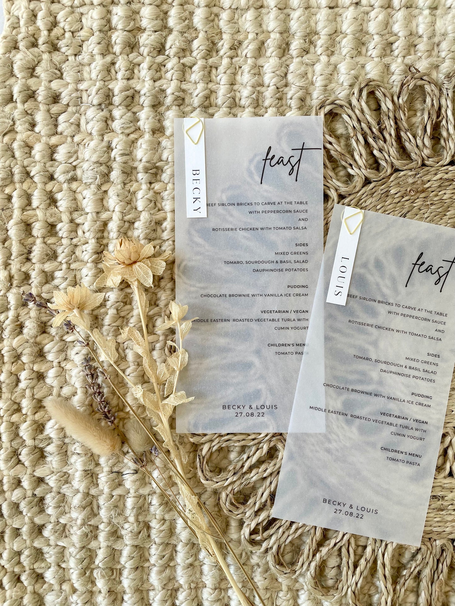 Personalised Gold Paperclip Translucent Vellum Wedding Menu And Place Name