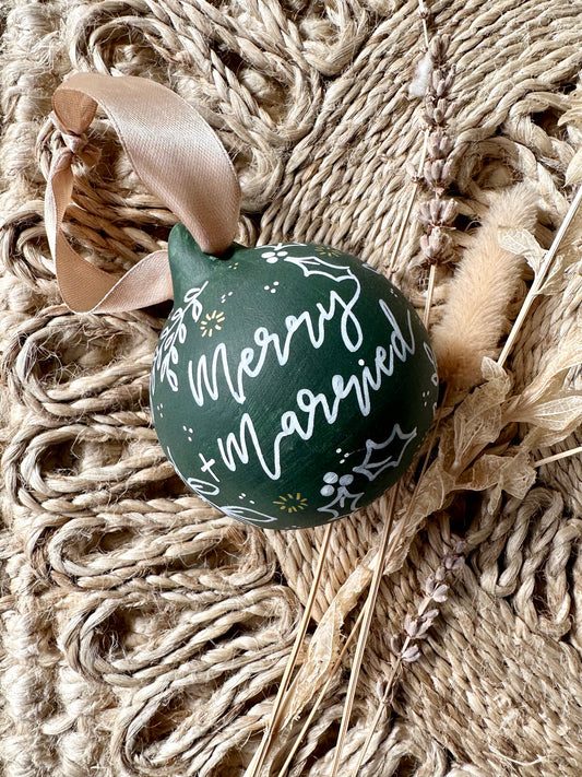 Personalised Hand Painted Ceramic Merry And Married Christmas Bauble