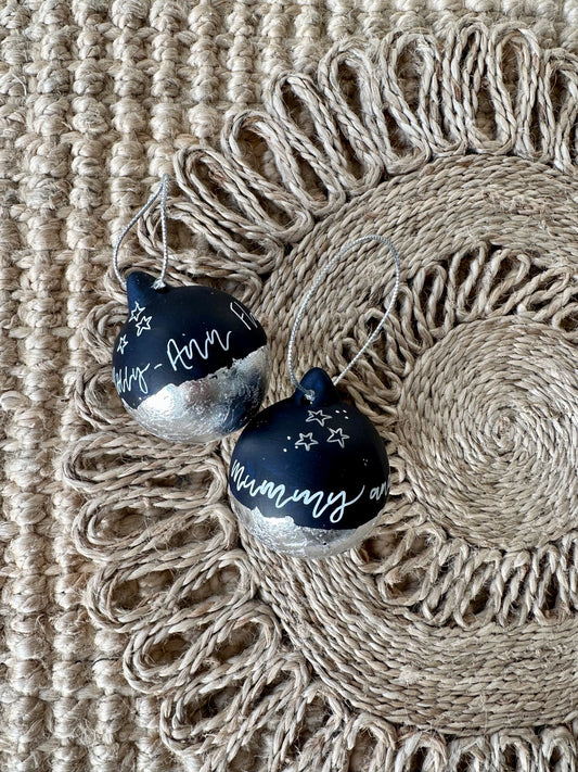 Personalised Hand Painted Navy And Silver Ceramic Bauble