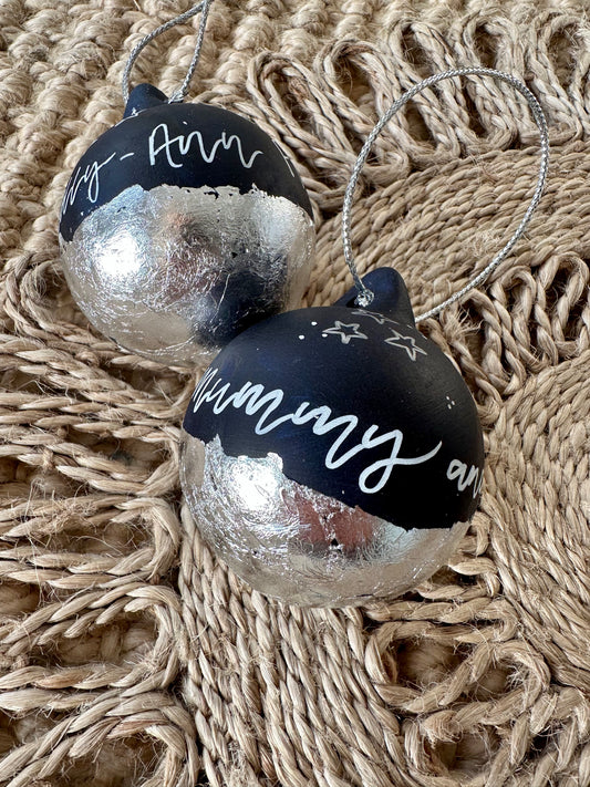 Personalised Hand Painted Navy And Silver Ceramic Bauble