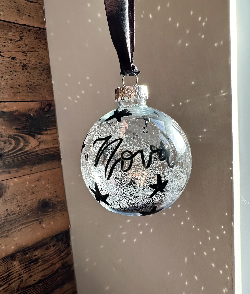 Personalised Hand Painted Silver Glitter Clear Christmas Ornament