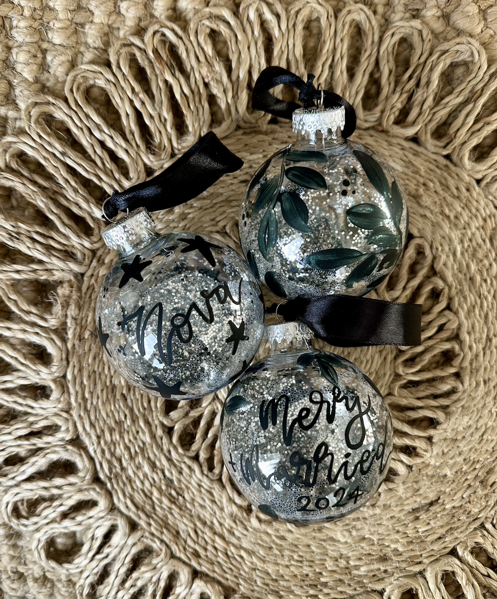 Personalised Hand Painted Silver Glitter Clear Christmas Ornament