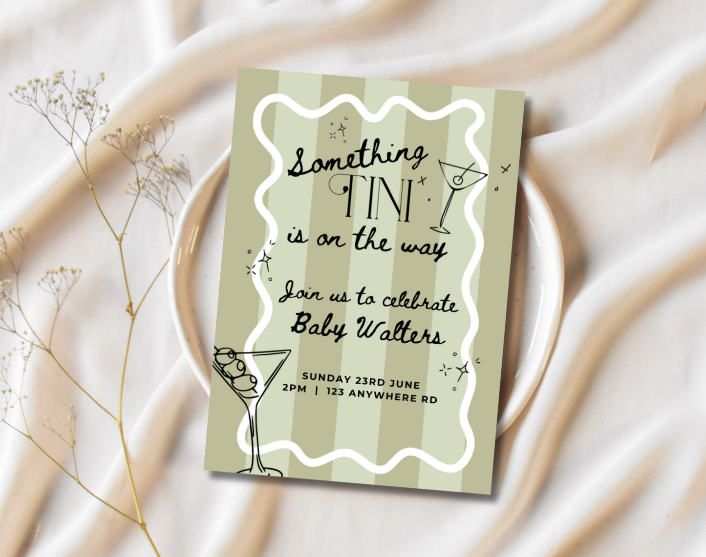 Something Tini Is On the Way Martini Theme Digital Template Baby Shower Invitation