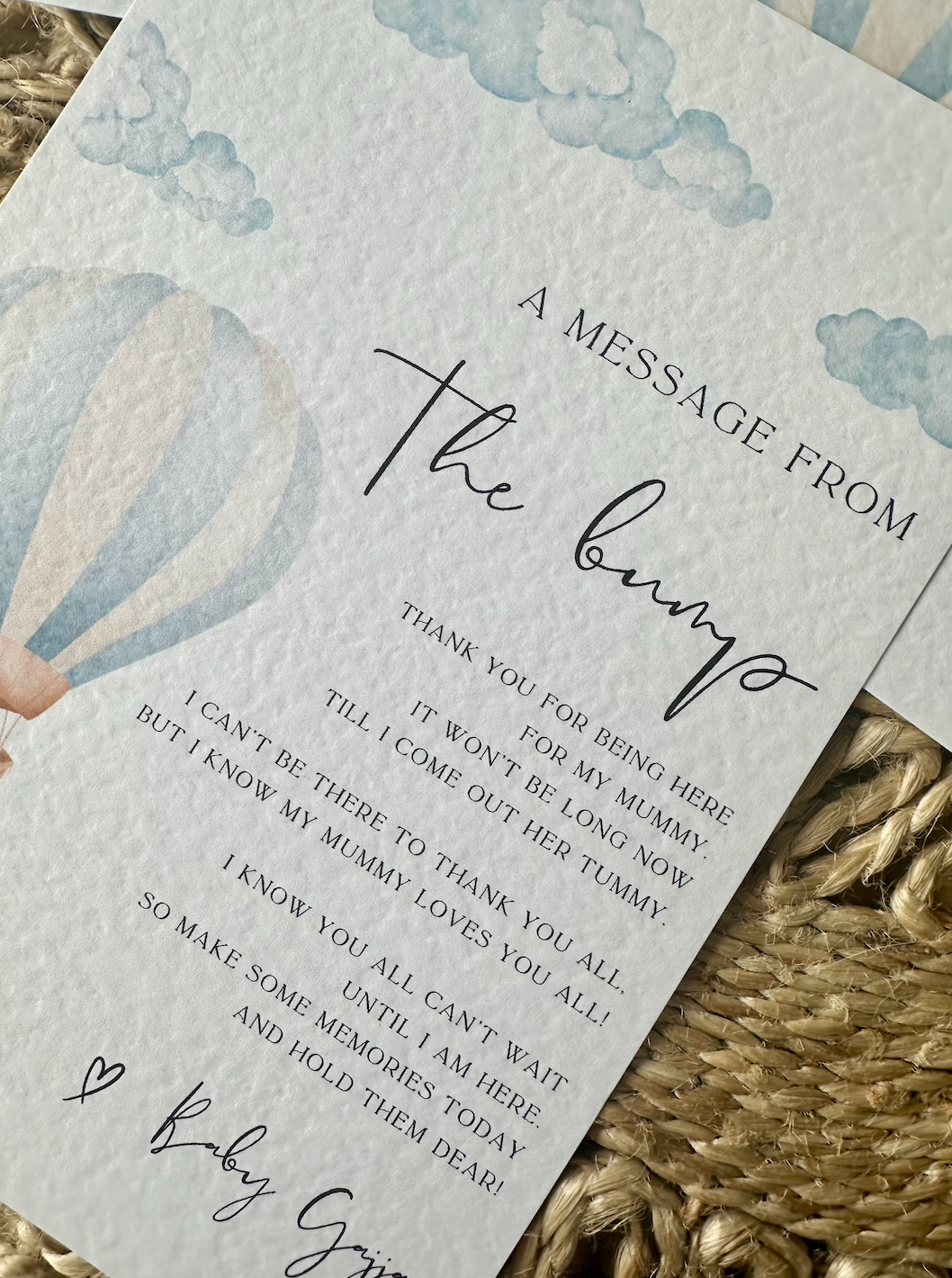 Personalised Message From The Bump Hot Air Balloon Theme Card