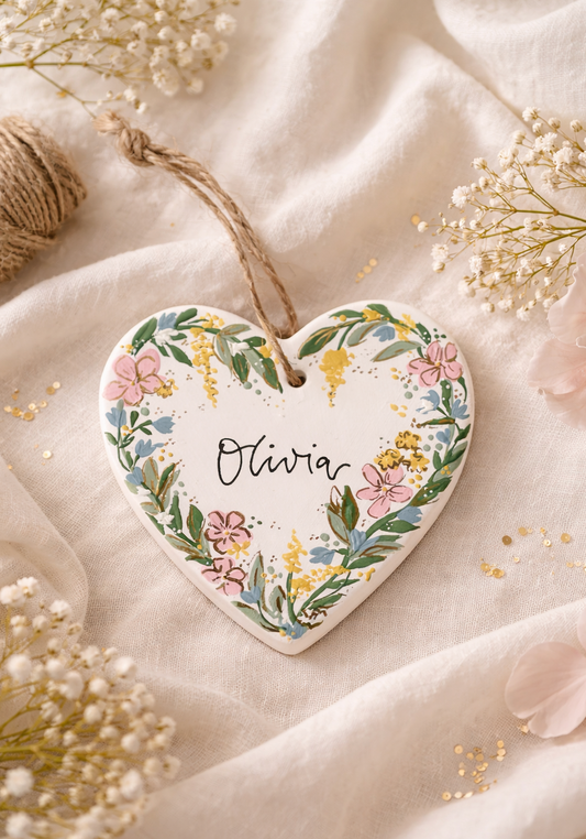 Hand Painted Floral Ceramic Heart Ornament