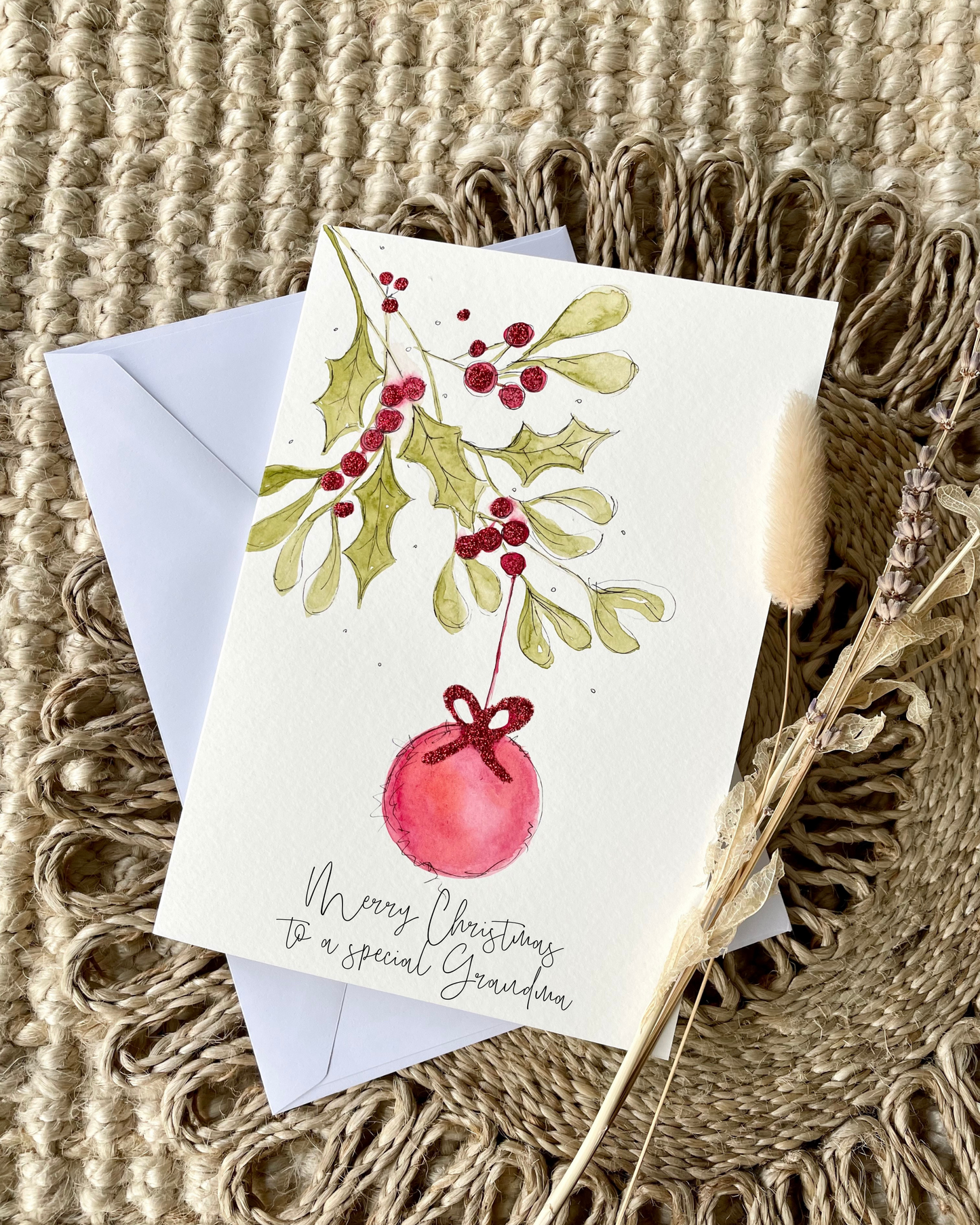 Personalised Foliage Bauble Holly Christmas Card