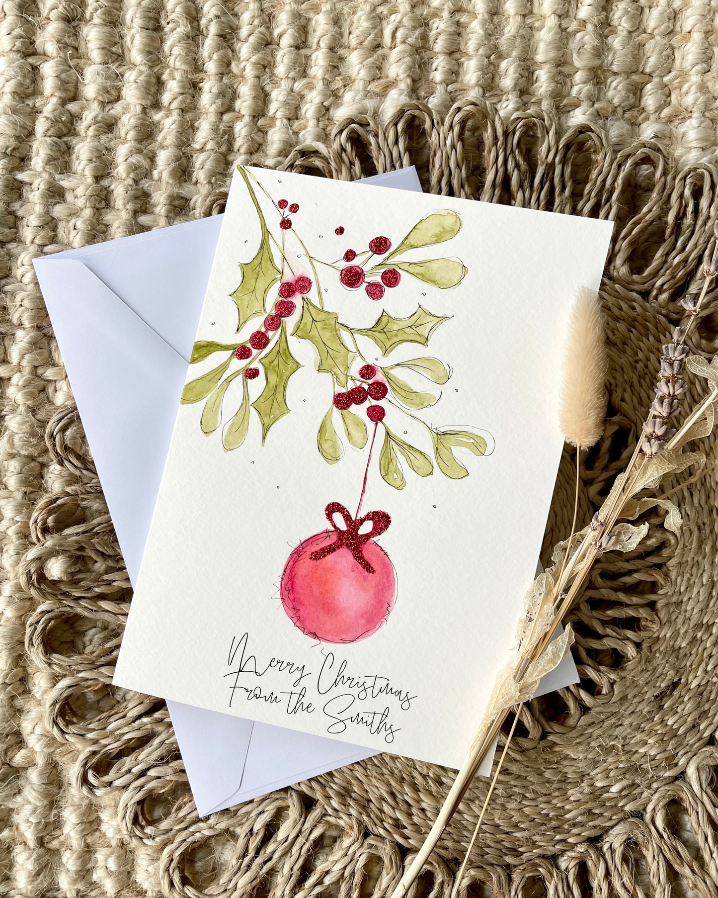 Personalised Foliage Bauble Holly Christmas Card