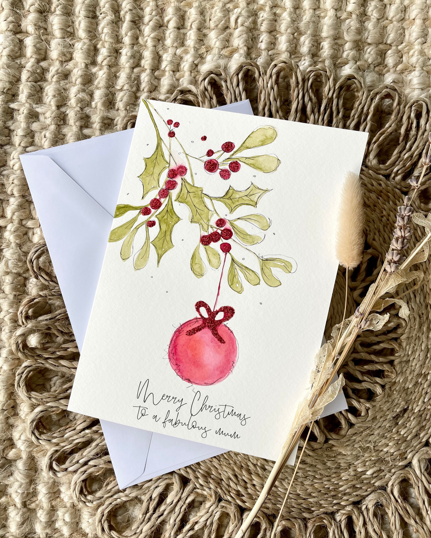 Personalised Foliage Bauble Holly Christmas Card