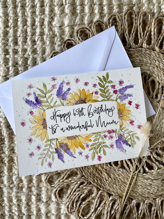 Sunflower Mixed Floral Happy Birthday Name Card