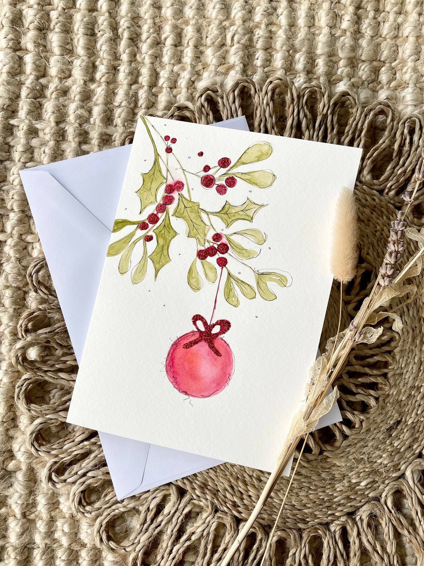 Personalised Foliage Bauble Holly Christmas Card
