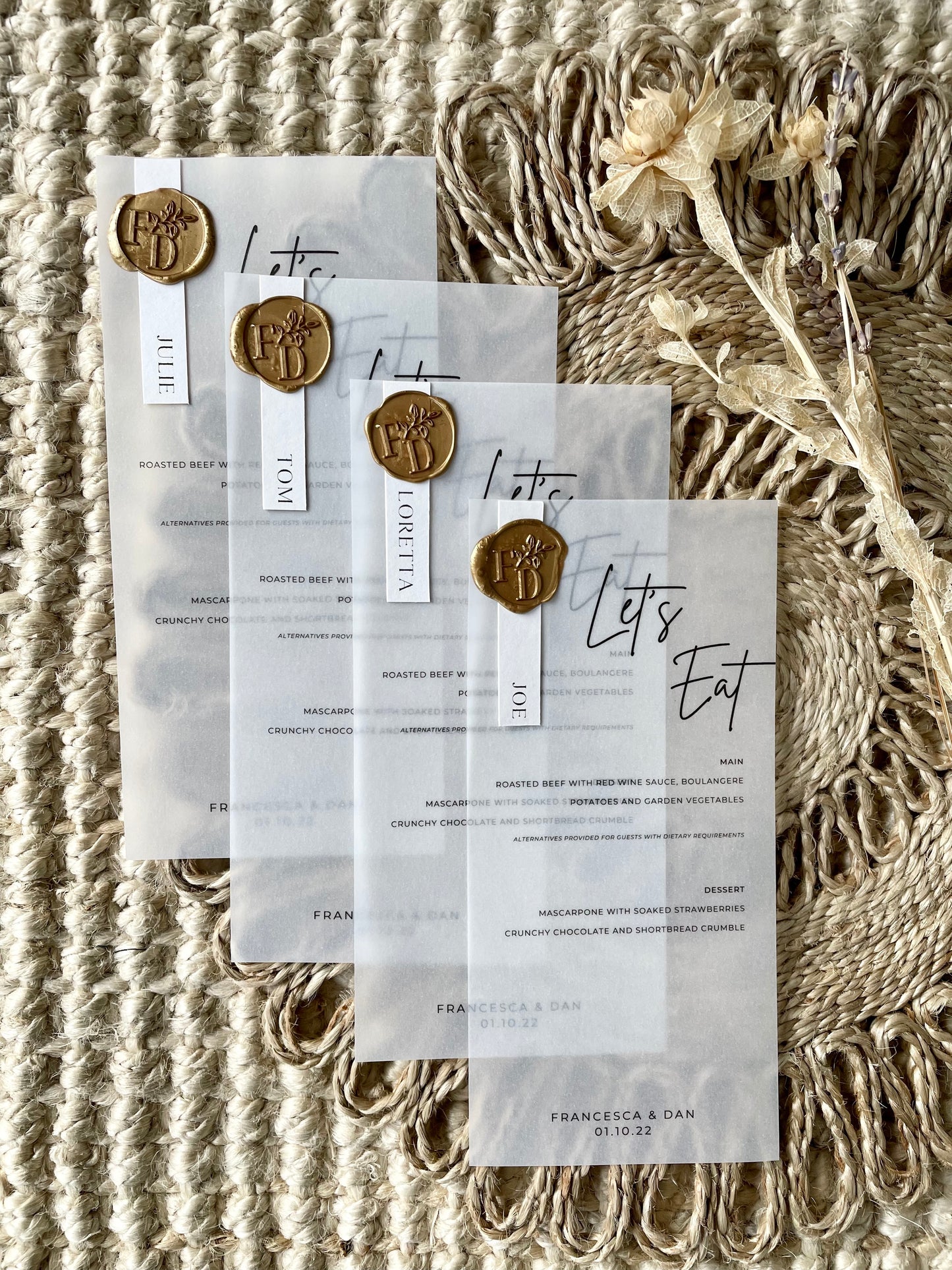 Personalised Gold Wax Seal Translucent Vellum Wedding Menu And Place Name