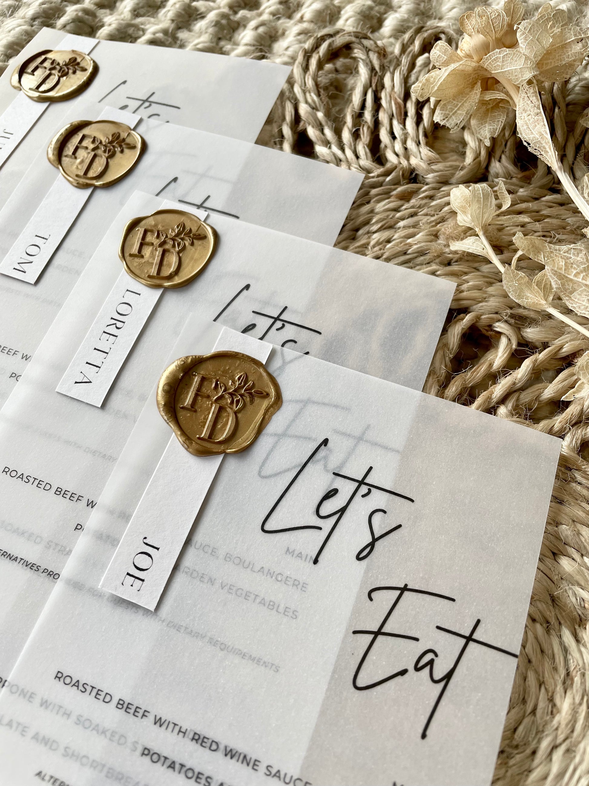 Personalised Gold Wax Seal Translucent Vellum Wedding Menu And Place N –  withlove-el