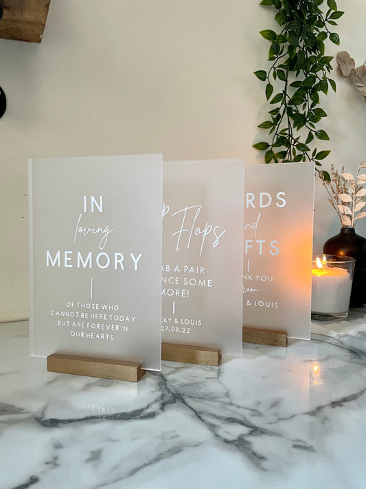 Frosted Acrylic In Memory Of Sign With Wooden Block Stand