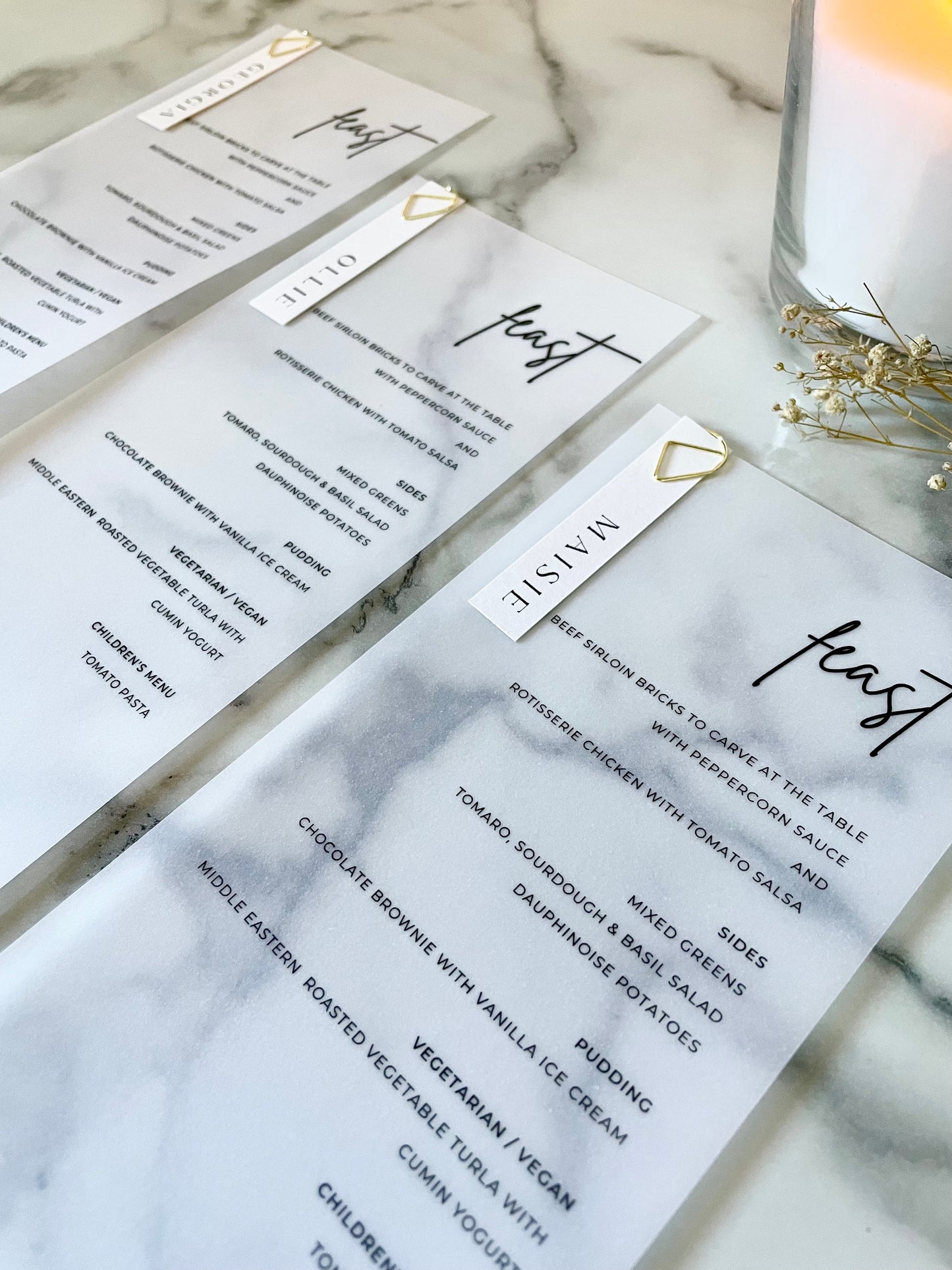 Personalised Gold Paperclip Translucent Vellum Wedding Menu And Place Name